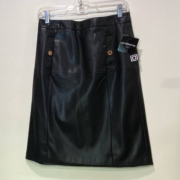 NWT Black Faux Leather Pencil Skirt W/Pockets 6p Knee High Classic Career Wear - Picture 1 of 9